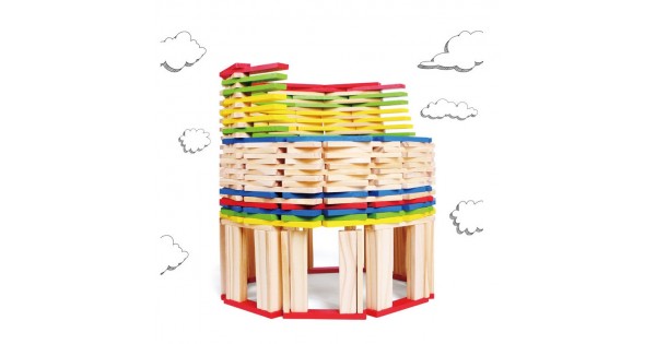 Cuburi de construit plate din lemn, plate, colorate, set 260 bucati